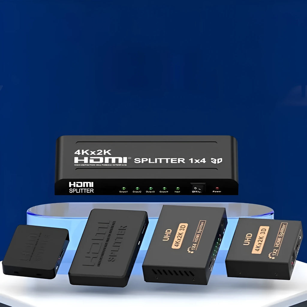 4K HDMI splitter device with one input and two output ports for dual display distribution