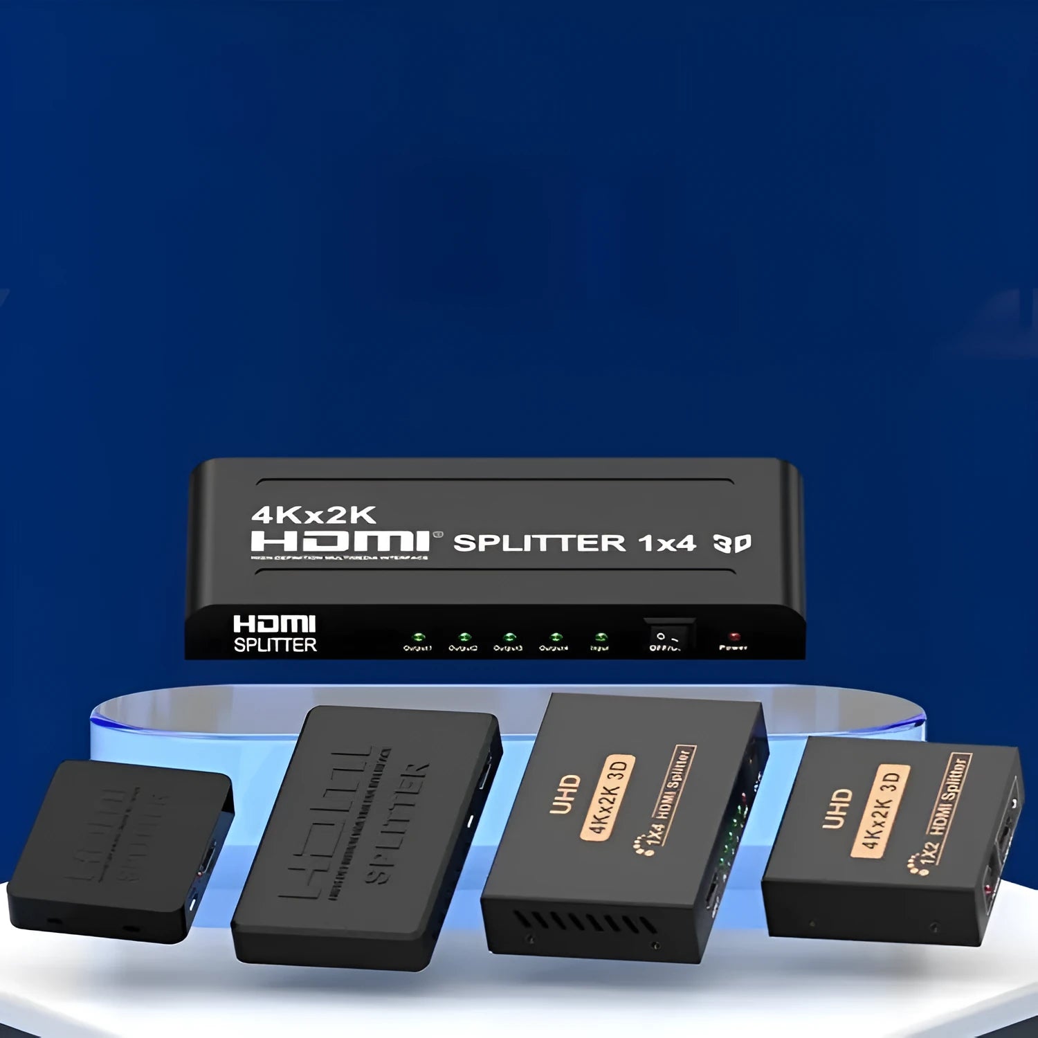 4K HDMI splitter device with one input and two output ports for dual display distribution