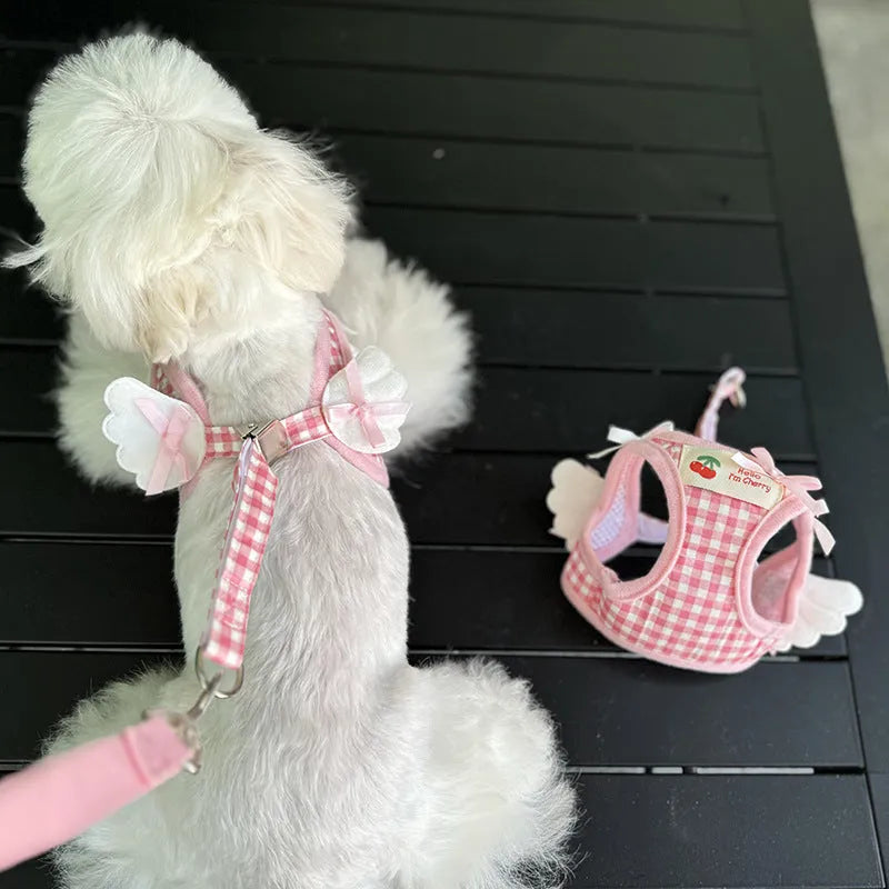 Pink cotton chest-back dog harness with handle for small dogs on a white background.