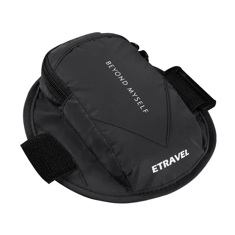 Black reflective running arm band with adjustable strap for a smartphone.