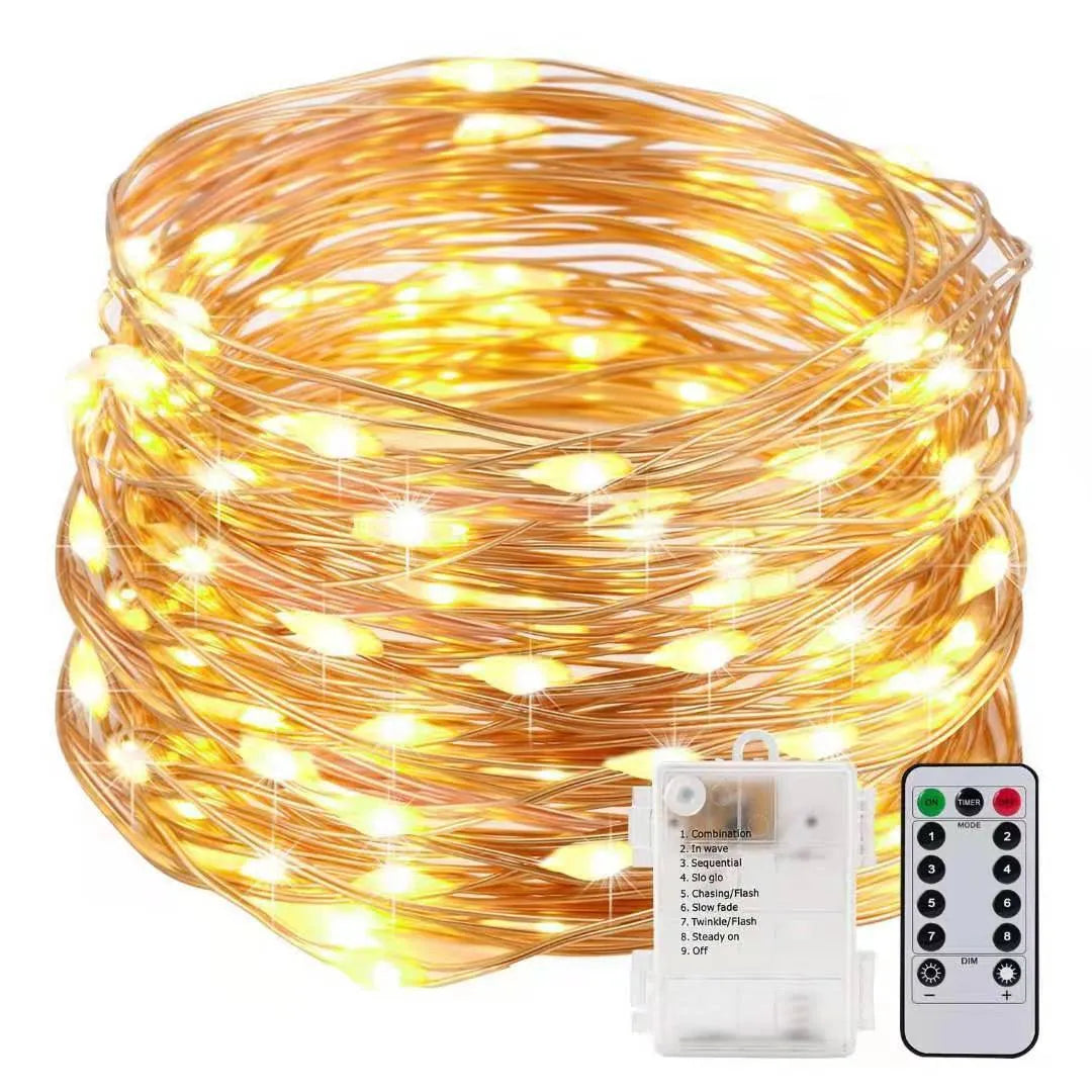 12-metre long copper wire LED string light with 120 small lamps, showing multiple colour options.