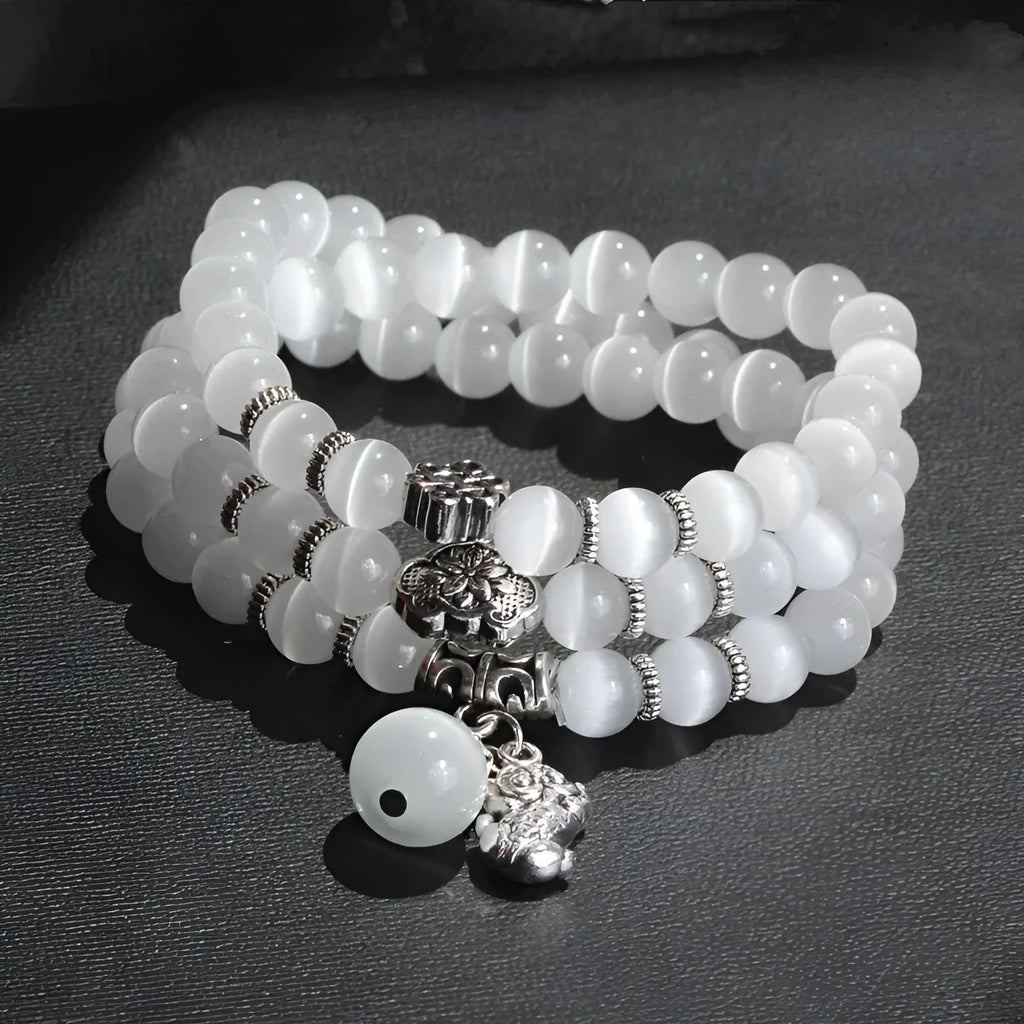 Opal lucky cat cartoon bracelet with geometric 8mm beads in adjustable 52cm length