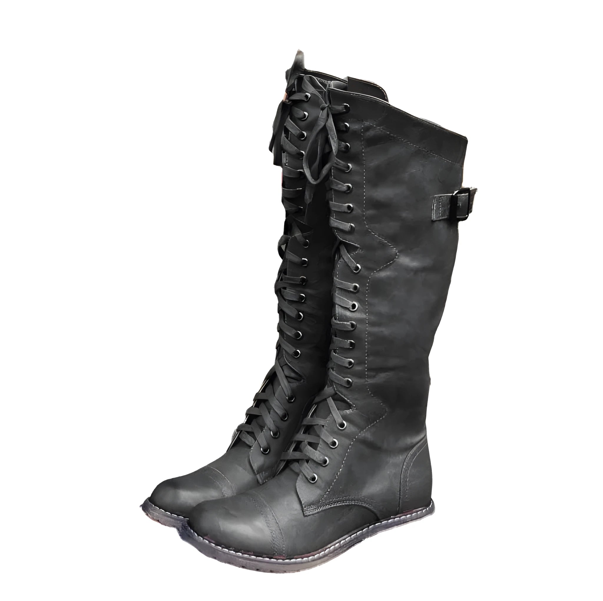 Women's black knight ankle boots with cross strap detailing, made from PU leather.