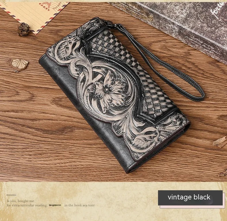 Retro brown embossed floral tri-fold wallet made from genuine cowhide leather.