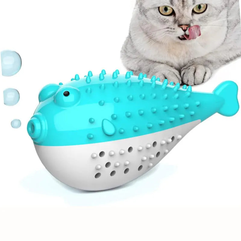 Small blue silicone fish-shaped chew toy for cats on a white background.