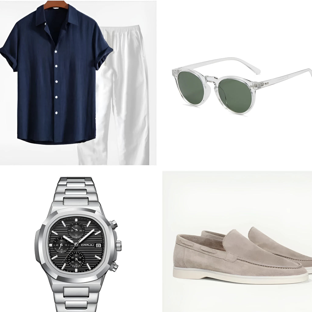 A man's navy blue casual short sleeve shirt and shorts suit made from cotton and linen.