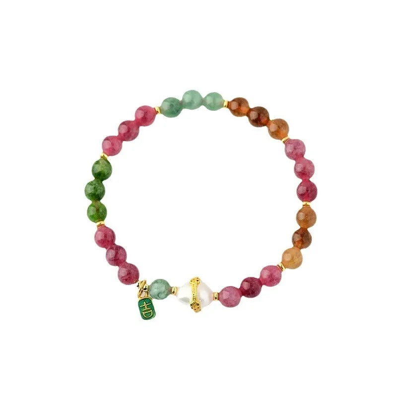 Geometric chalcedony and tourmaline crystal bracelet with 6.5mm beads