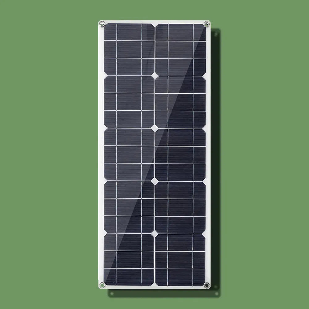 30W semi-flexible solar panel showing USB port for charging mobile devices.