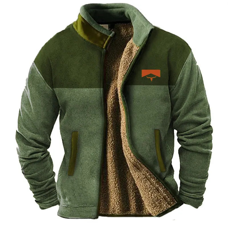 Men's blue polyester padded fleece coat with zip front, regular length.