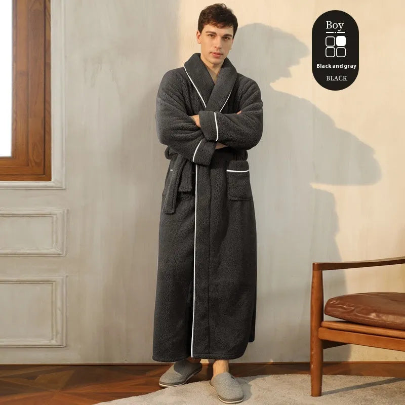 Thick flannel winter bathrobe for couples in multiple colour options like navy blue and cherry yellow.