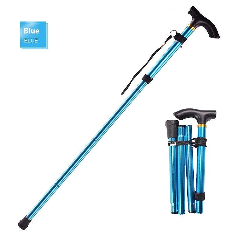 Adjustable aluminium folding walking stick in a chosen colour, shown extended and folded.