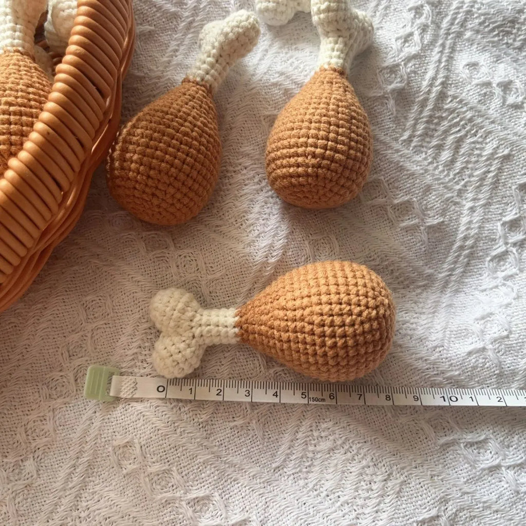 Crocheted plush chicken leg pendant key chain measuring 8 cm in length