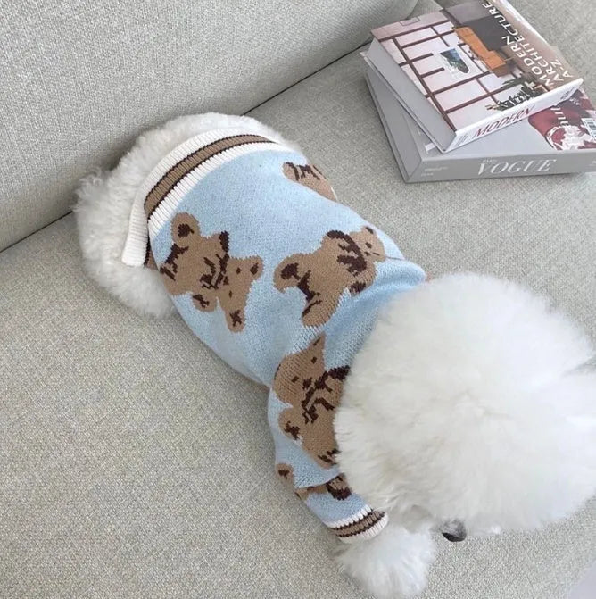 Preppy style wool striped pet sweater for dogs cats in beige colour with V-neck and leash hole on back