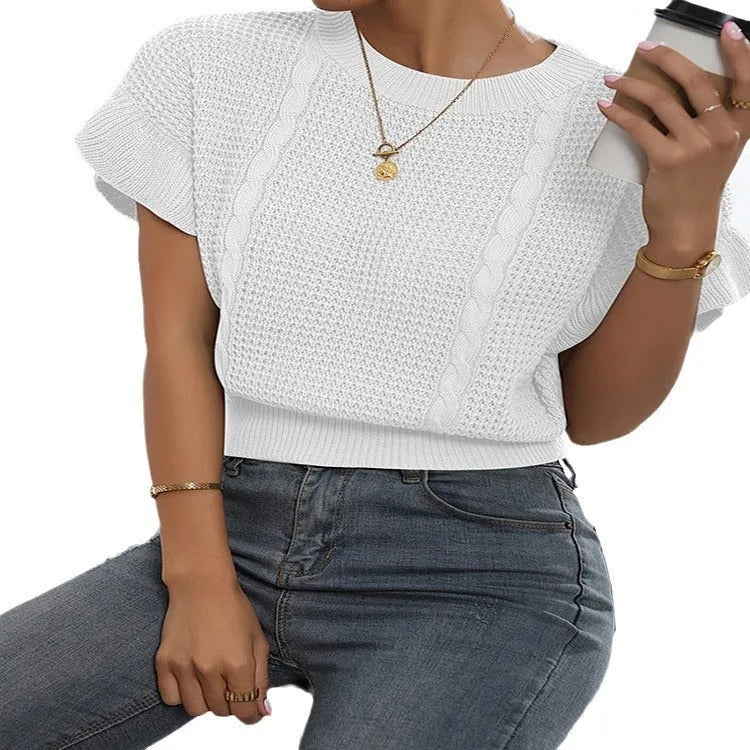 Twisted string design knitted pullover sweater with ruffle short sleeves in loose Japanese Korean casual style