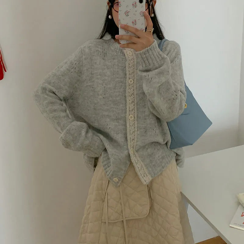 Artistic retro Korean knitwear cardigan coat in loose free size, shown in apricot colour.