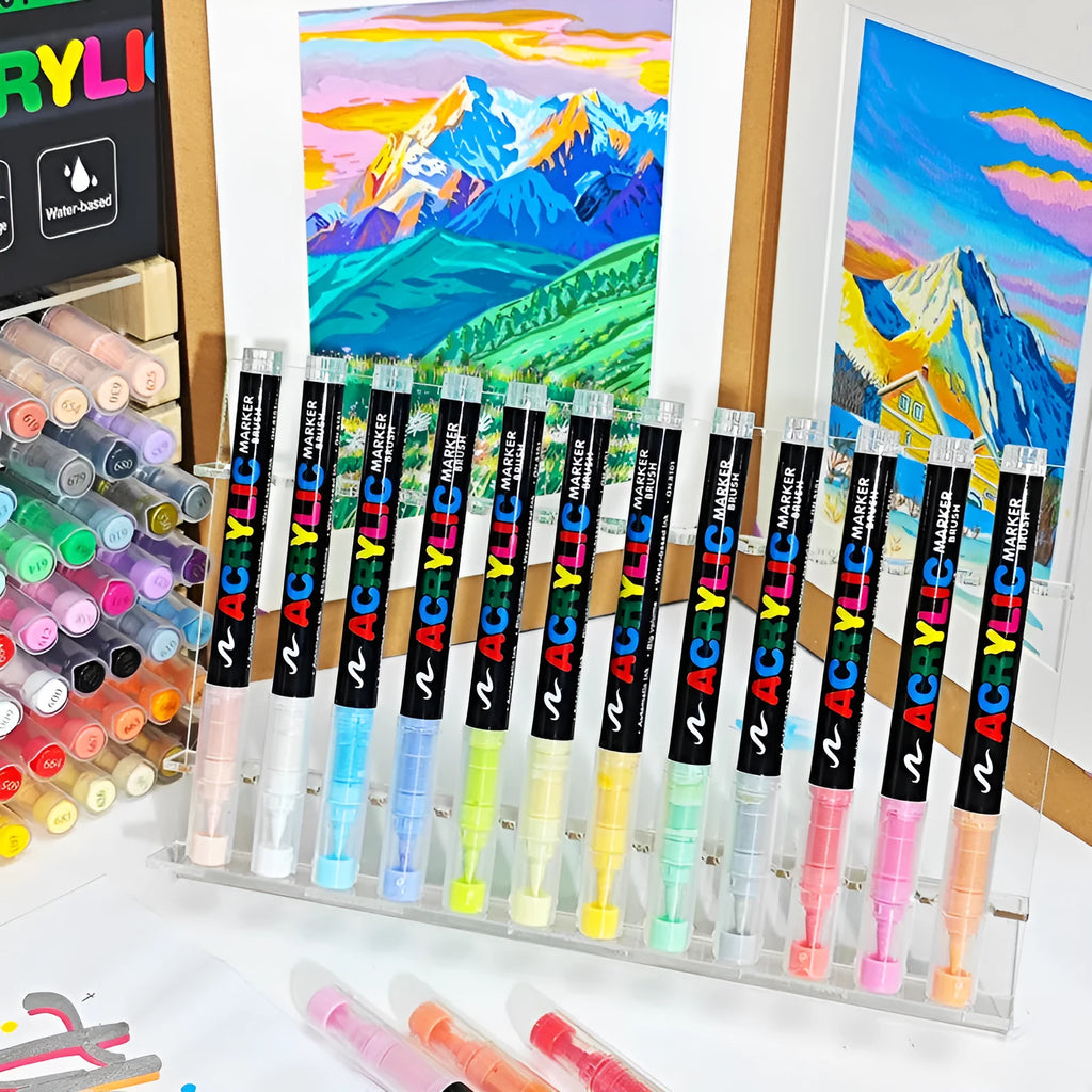 Set of straight liquid acrylic marker pens with soft heads, showing multiple colour options for art and graffiti.