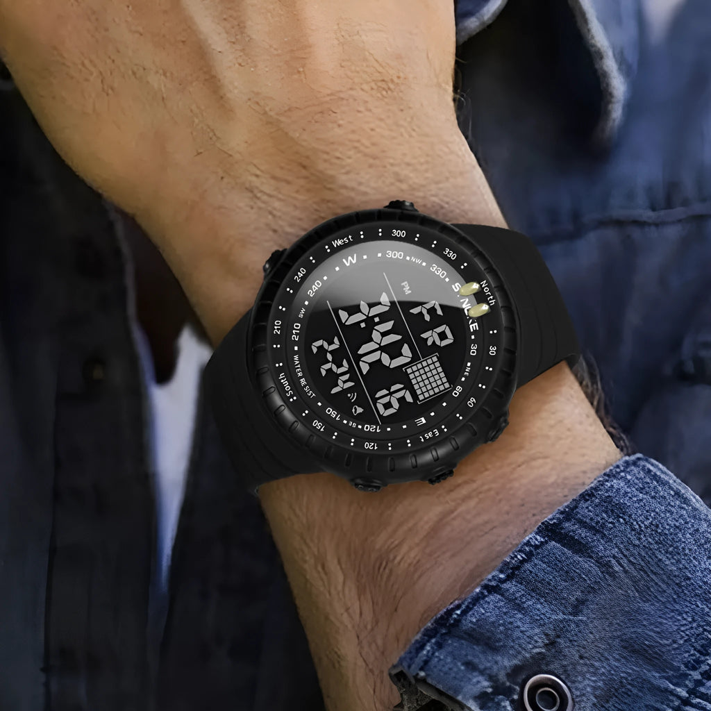 Black mens outdoor electronic watch with plastic case and PU strap showing 54.74mm dial