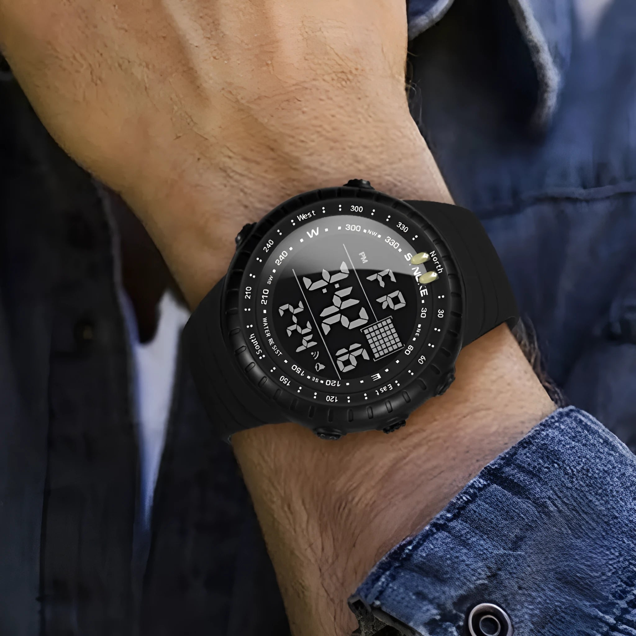 Black mens outdoor electronic watch with plastic case and PU strap showing 54.74mm dial