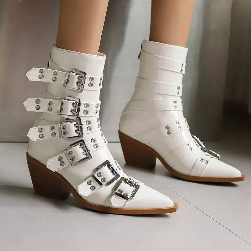 Autumn winter pointed knight women's boots with belt buckle, black patent leather, plus sizes