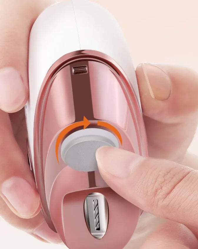 Blue electric nail clipper and polisher two-in-one tool with Type-C charging cable and cleaning brush.