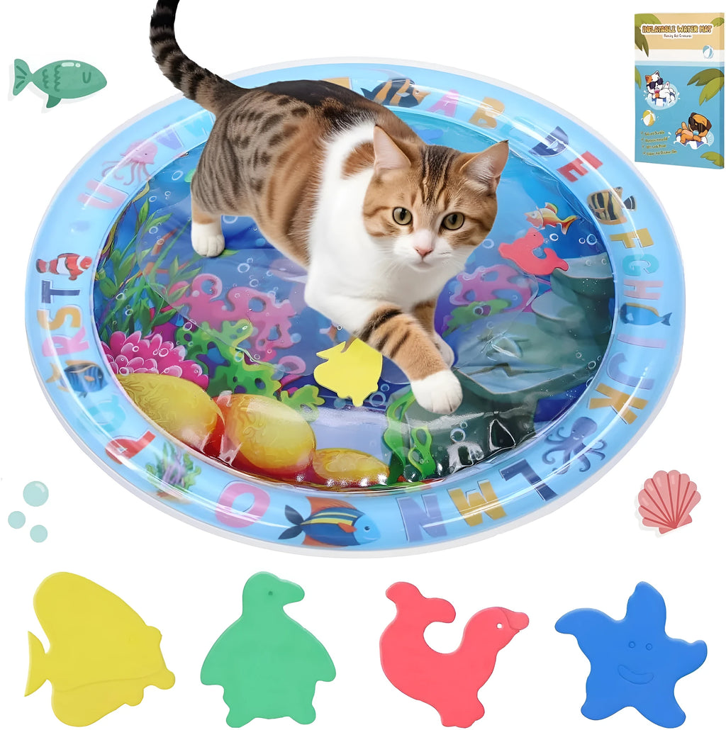 Ocean-themed blue water sensory playmat for cats with floating fish toys inside on a floor