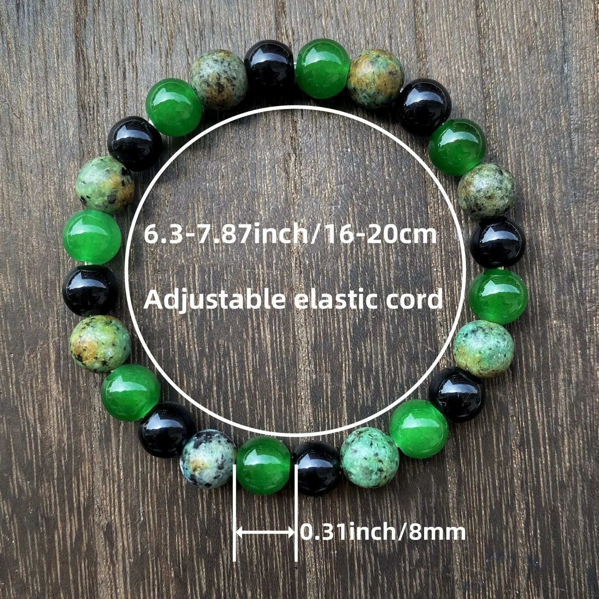 Men's casual green onyx obsidian crystal bracelet with 8mm handmade artificial crystal beads on a wrist