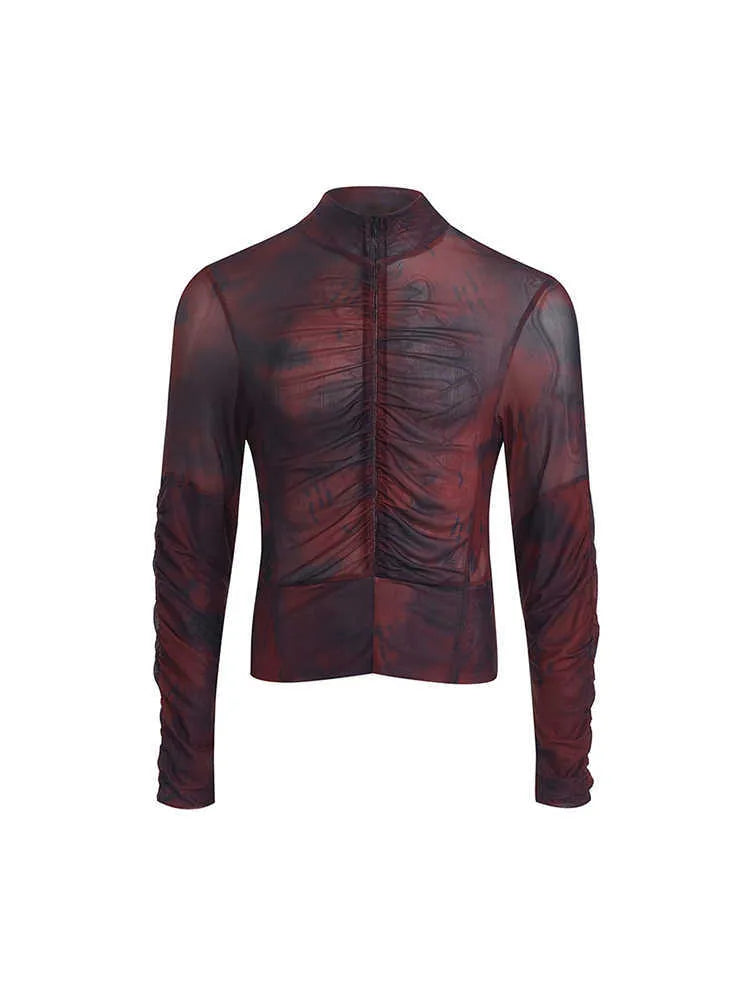 Men's black grey long-sleeved T-shirt featuring a half-turtleneck collar with a mesh zipper detail