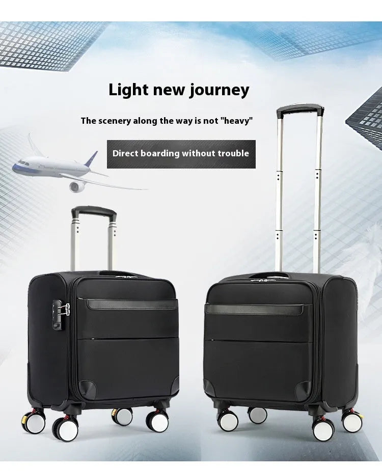 18-inch black Oxford cloth cabin suitcase with telescopic handle and wheels.