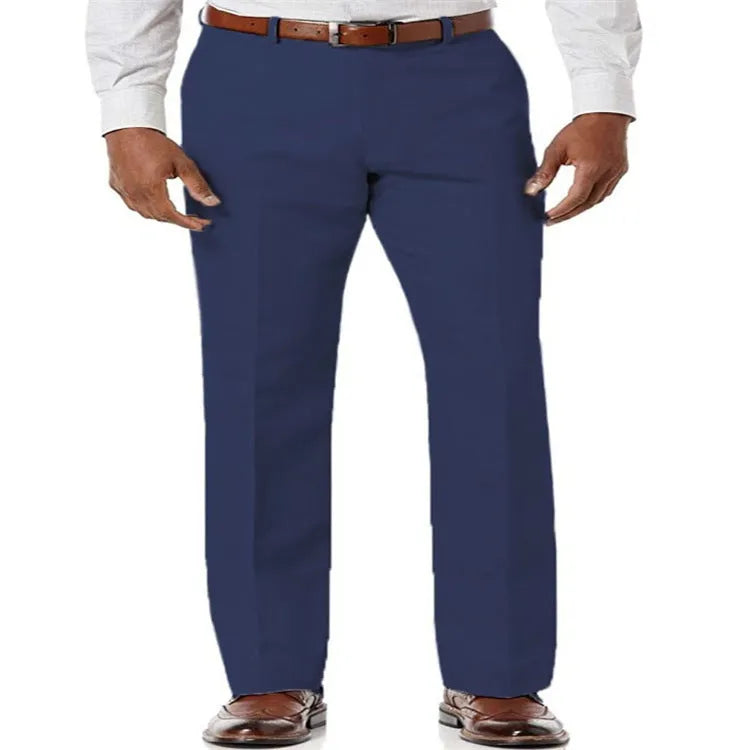 Men's beige white linen blend casual trousers with slant pockets laid flat.