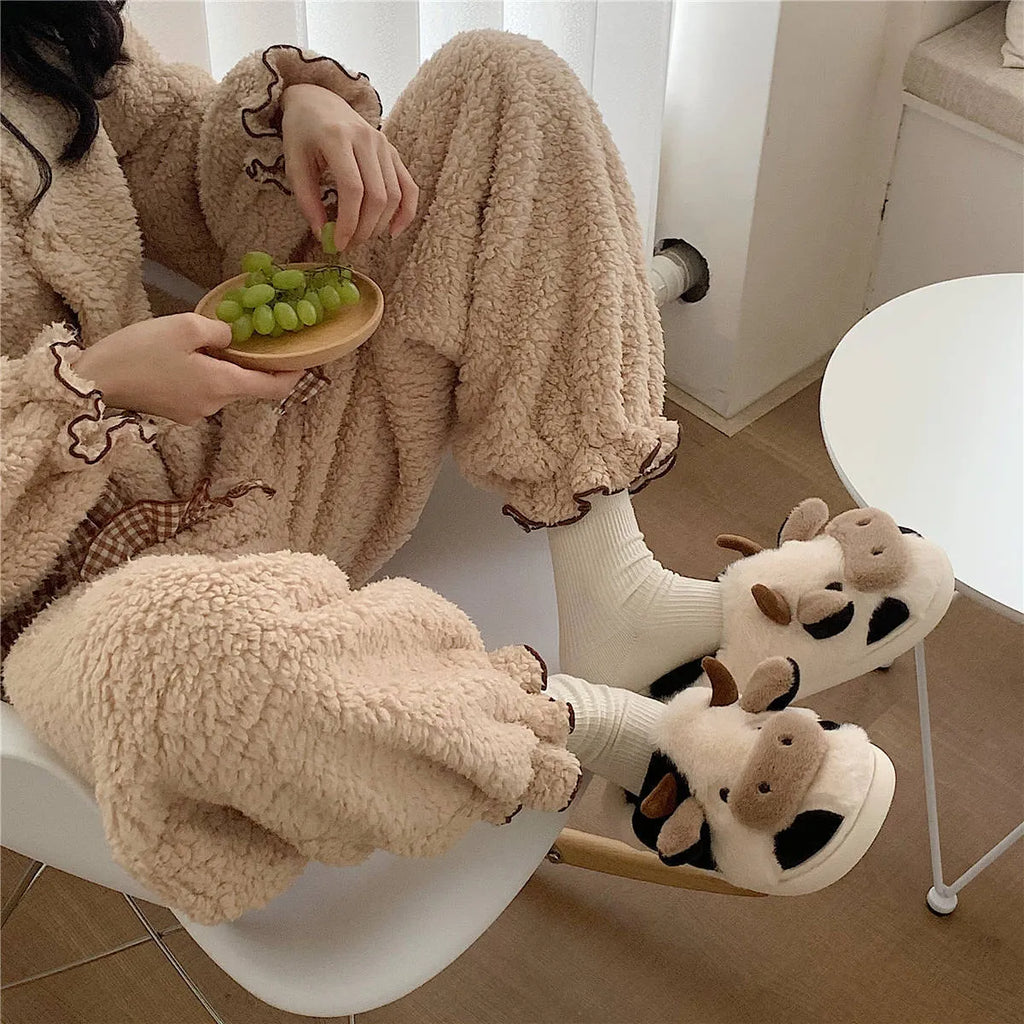 Women's white cow print faux fur slippers with anti-slip textured soles