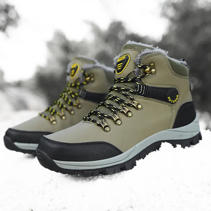 Men's winter snow boots with warm plush lining, lace-up synthetic leather upper, TPR sole, grey plus colour option