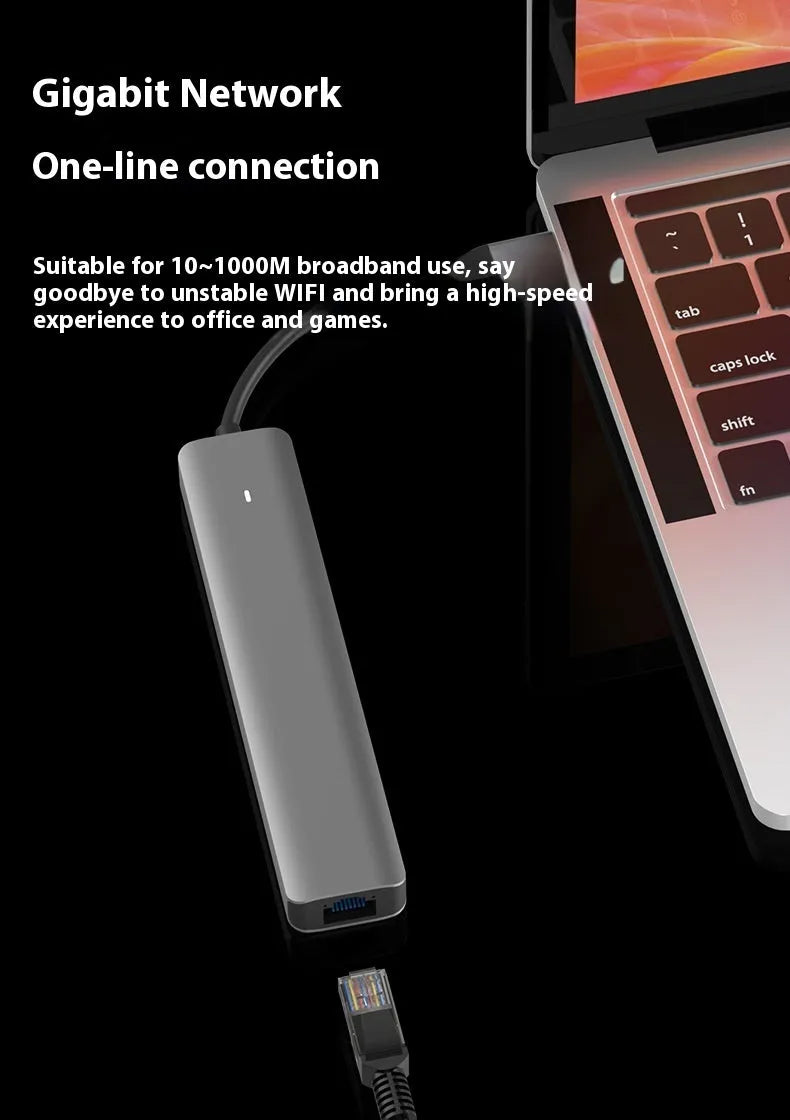 Silver 7-in-1 USB-C hub showing USB-C PD port, three USB ports, HDMI, and SD card slots.