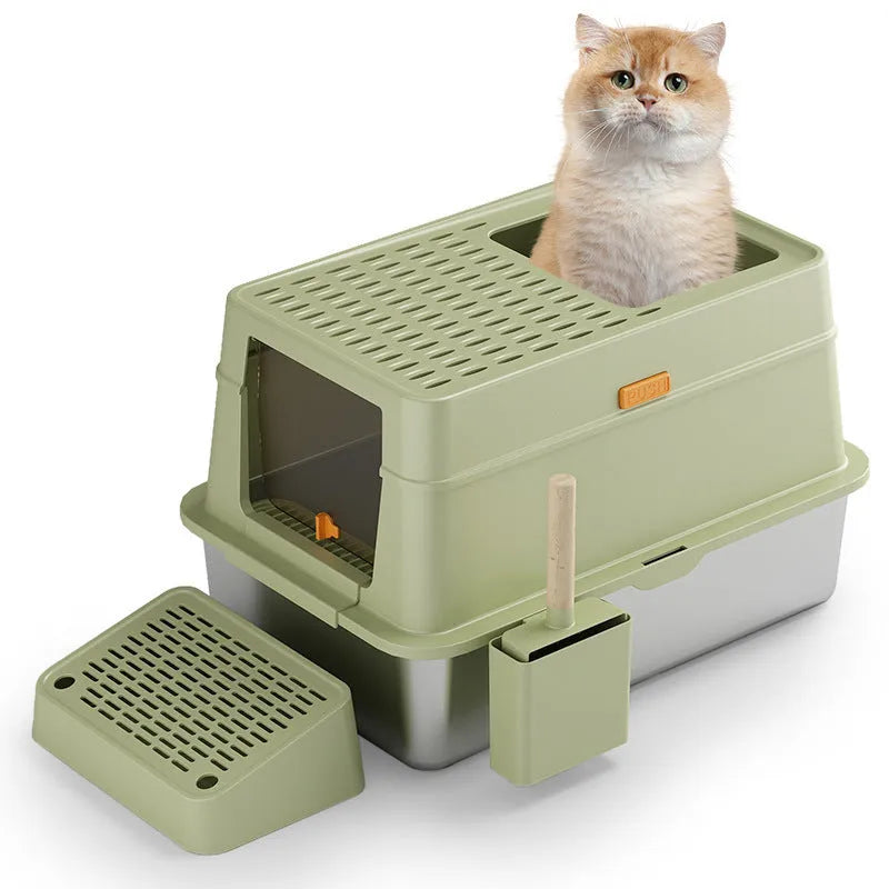 Grey enclosed cat litter box with a foot pedal and stainless steel pan inside