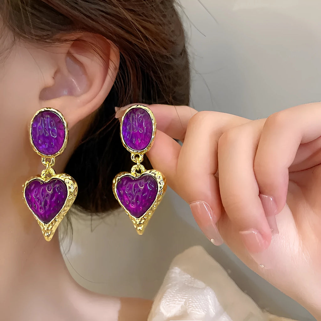 Oval love heart stud earrings with silver needle pleated design in four colour options