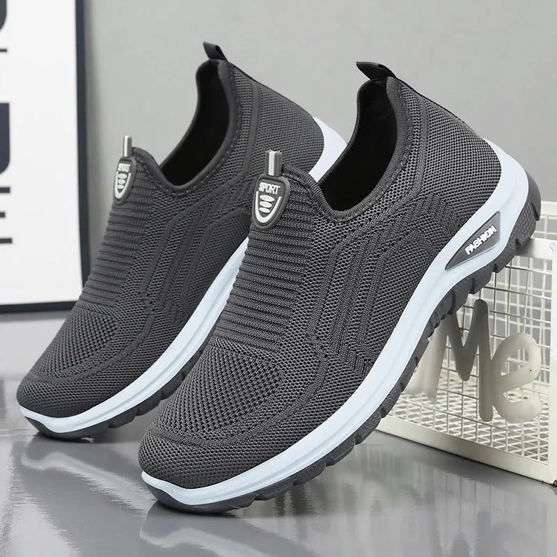 Men's black and grey breathable casual shoes with mesh lining and round toe