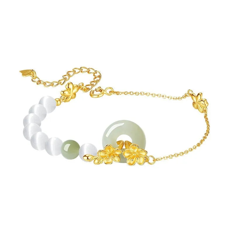 Silver peach blossom charm bracelet with peace buckle closure in New Chinese style