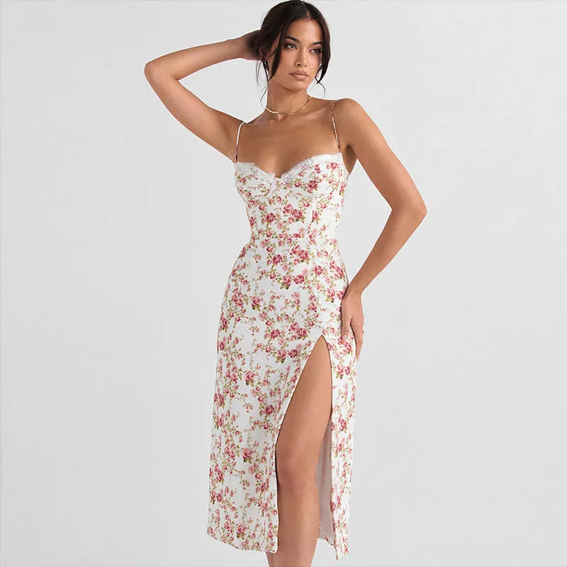 Womans blue lace floral print long dress with side slits and black suspender straps