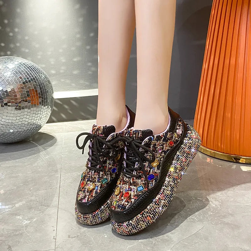 Women's colourful tweed platform loafers with gemstones on slip-on flat shoes, black and white options available