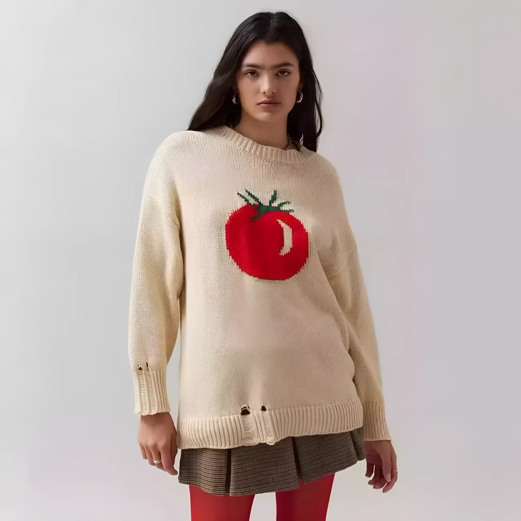 Women's milky white loose-fitting acrylic pullover sweater with round neck and Jacquard knit texture