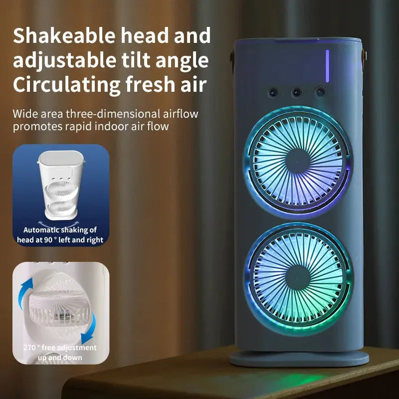 White portable humidifier fan with two spray heads, remote control, and coloured LED lights on a desk.