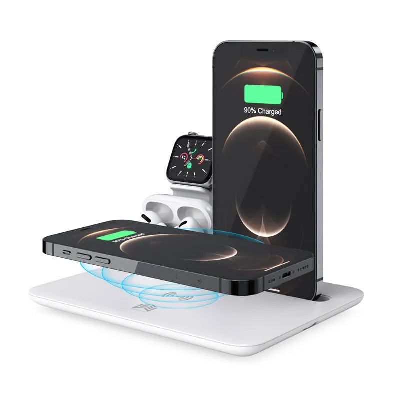 Black and white wireless desktop charging station for phones, headphones, and smartwatches with USB cable