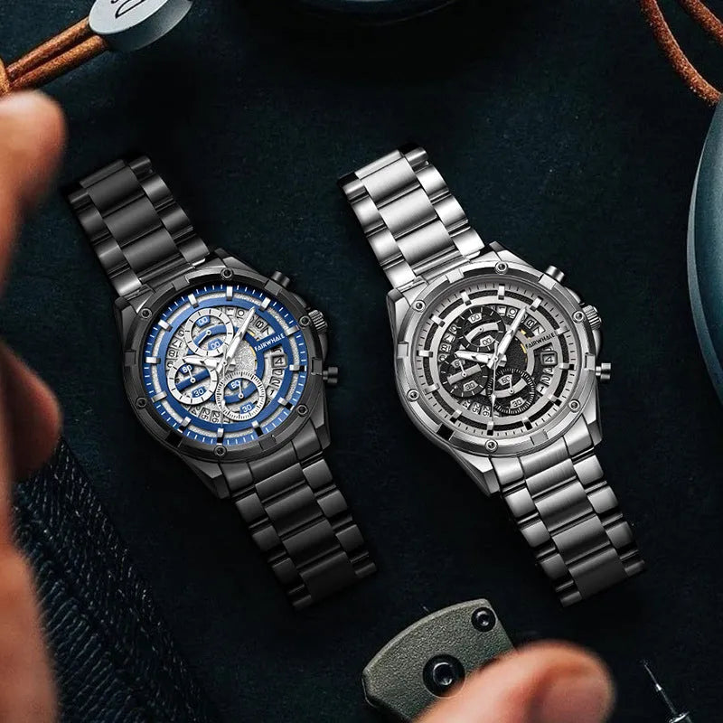 Men's waterproof luminous quartz watch with stainless steel band in black and blue colour option