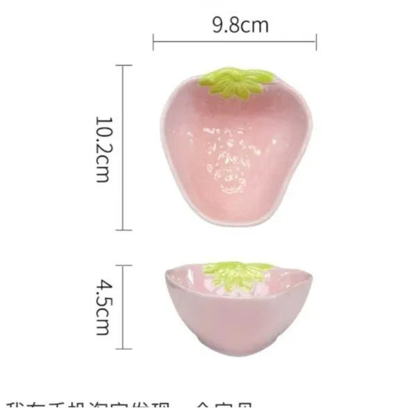 Creative strawberry cute porcelain dinnerware set with flower bowls, noodle bowl, plates, and twist spoon.