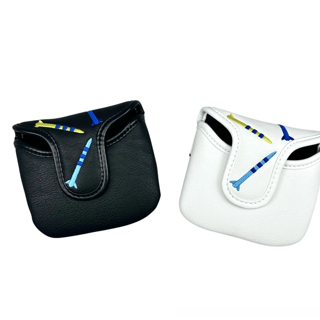 Black square golf putter protective sleeve with white rocket pattern design.
