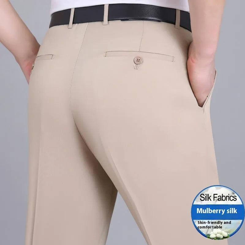 Men's straight leg non-ironing suit trousers in a mulberry silk blend fabric, shown in dark blue.
