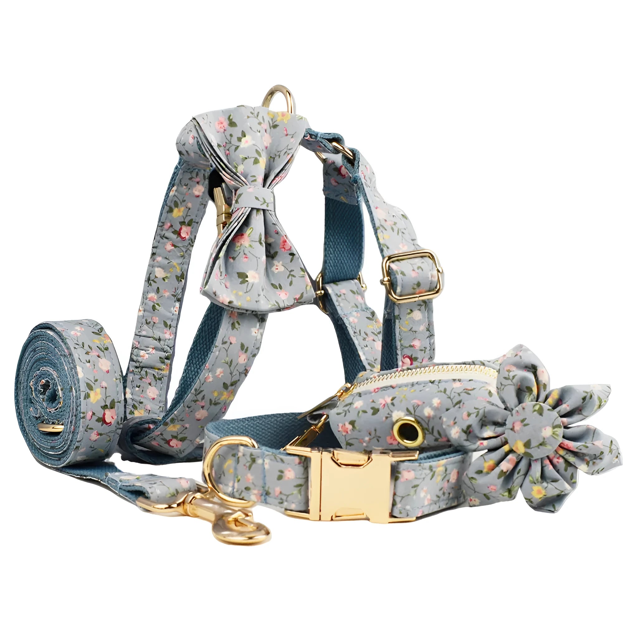Blue floral dog accessory set with collar, leash, vest, bow tie and poop bag holder