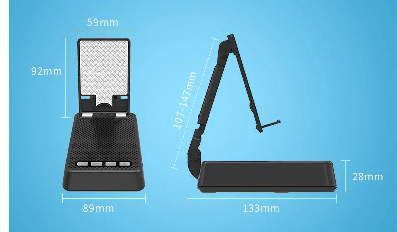 Black Bluetooth speaker phone stand with microphone for live streaming, showing phone holder and charging port
