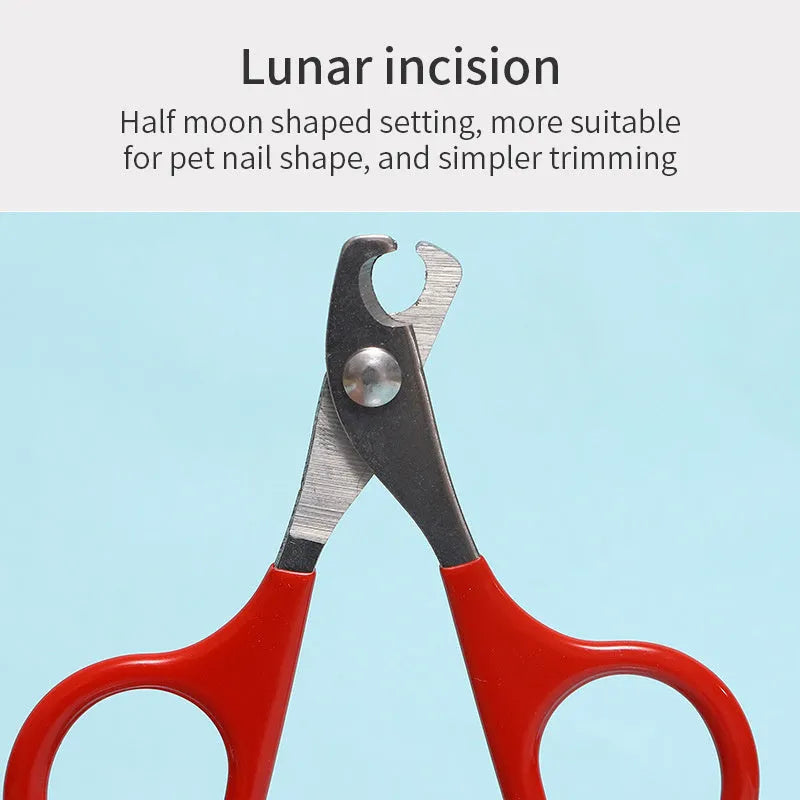 Pet nail clippers with stainless steel blades and a coloured plastic and rubber anti-slip handle.