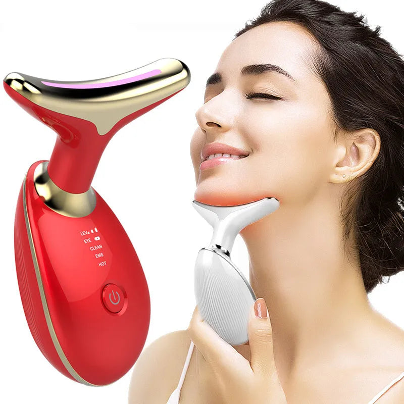 Black and silver EMS thermal neck massager with LED lights for wrinkle reduction and skin tightening