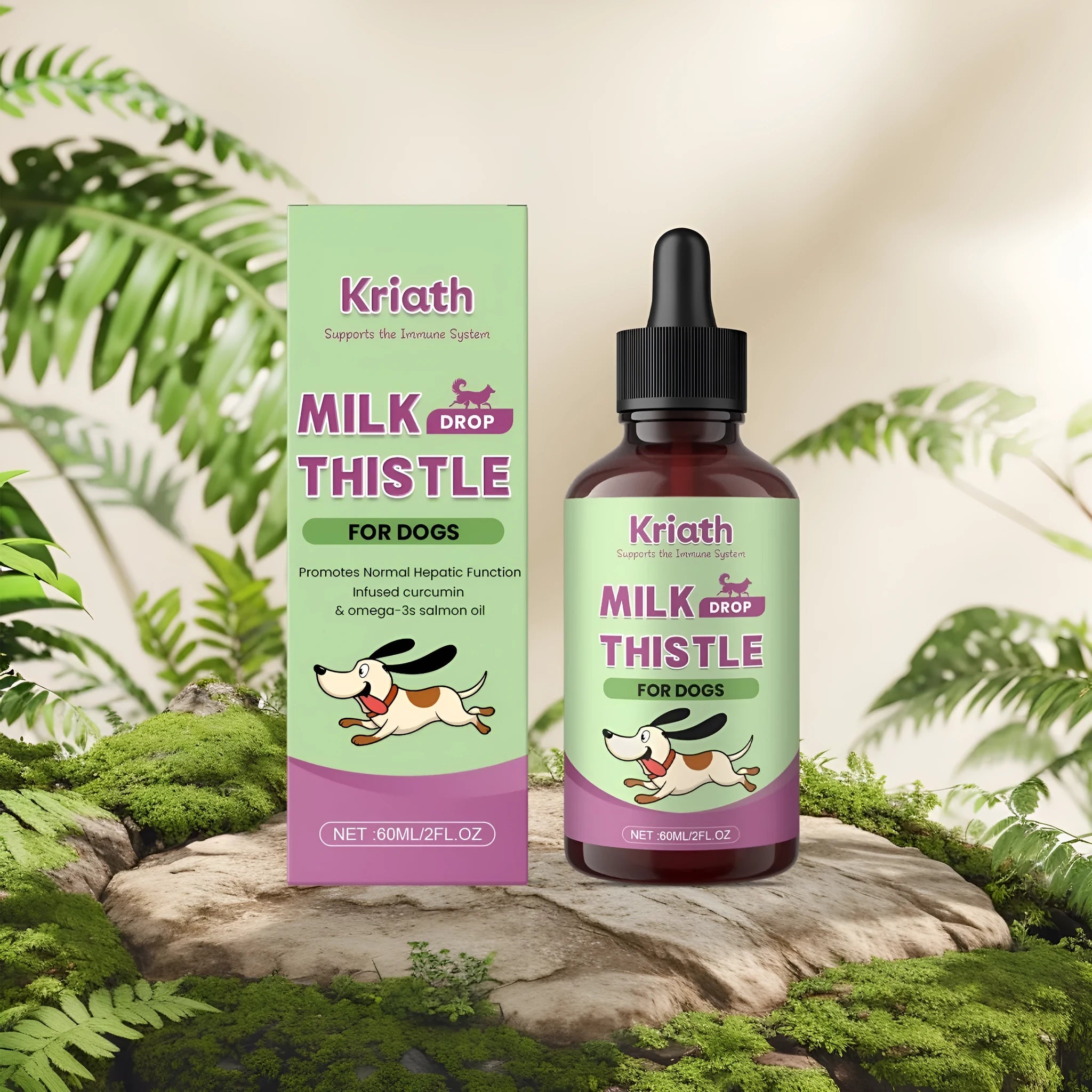 60ml bottle of dog liquid supplement with milk thistle and turmeric extract.